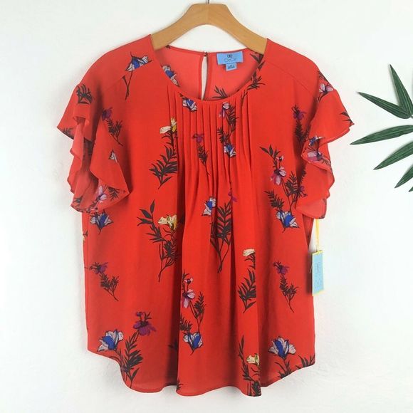 CeCe by Cynthia Steffe Cap Sleeve Floral Blouse M - Picture 2 of 6